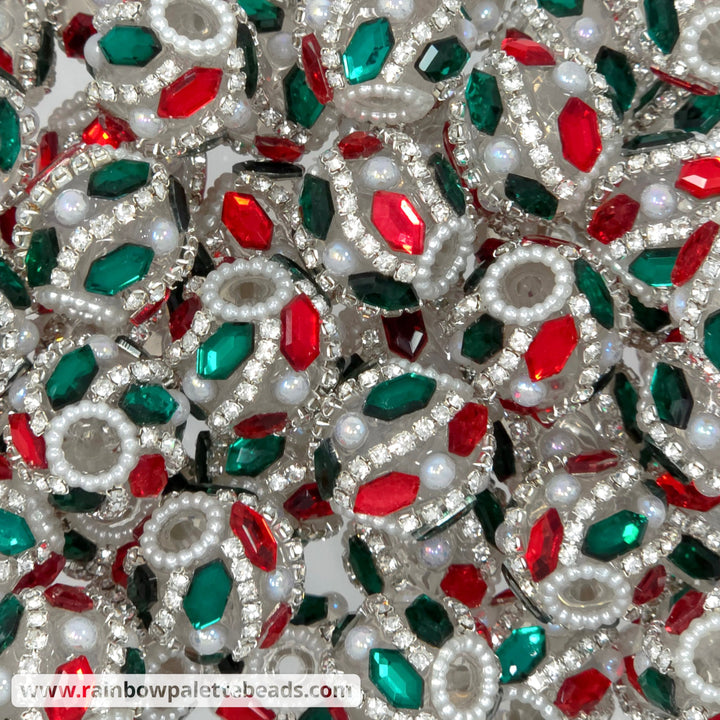 19mm Red & Green Diamond Jewel & Pearl Acrylic Beads (Christmas) - Beads