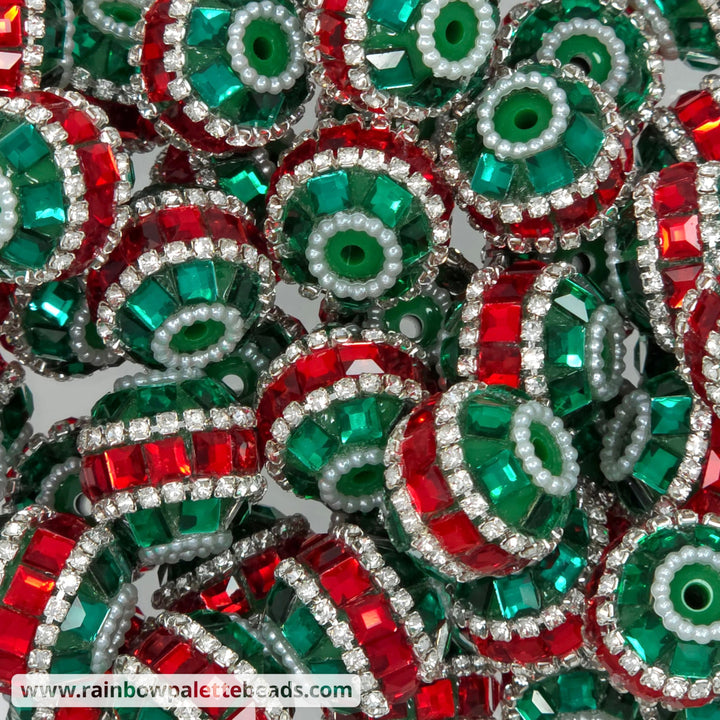 19mm Red & Green Fully Covered Diamond Jewel Acrylic Beads (Christmas) - Beads