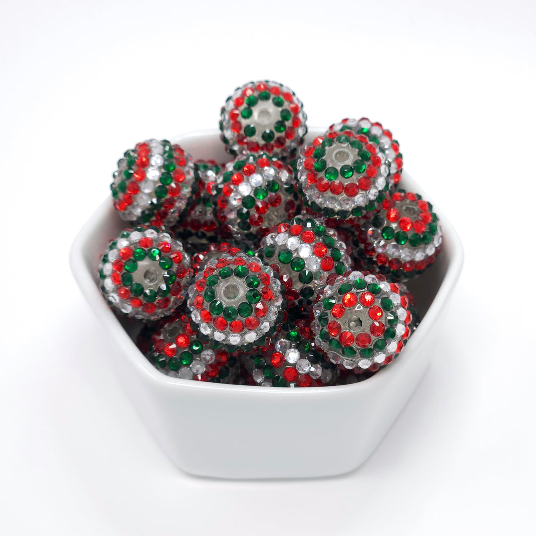 20mm Red/Silver/Dark Green Stripe Rhinestone Beads