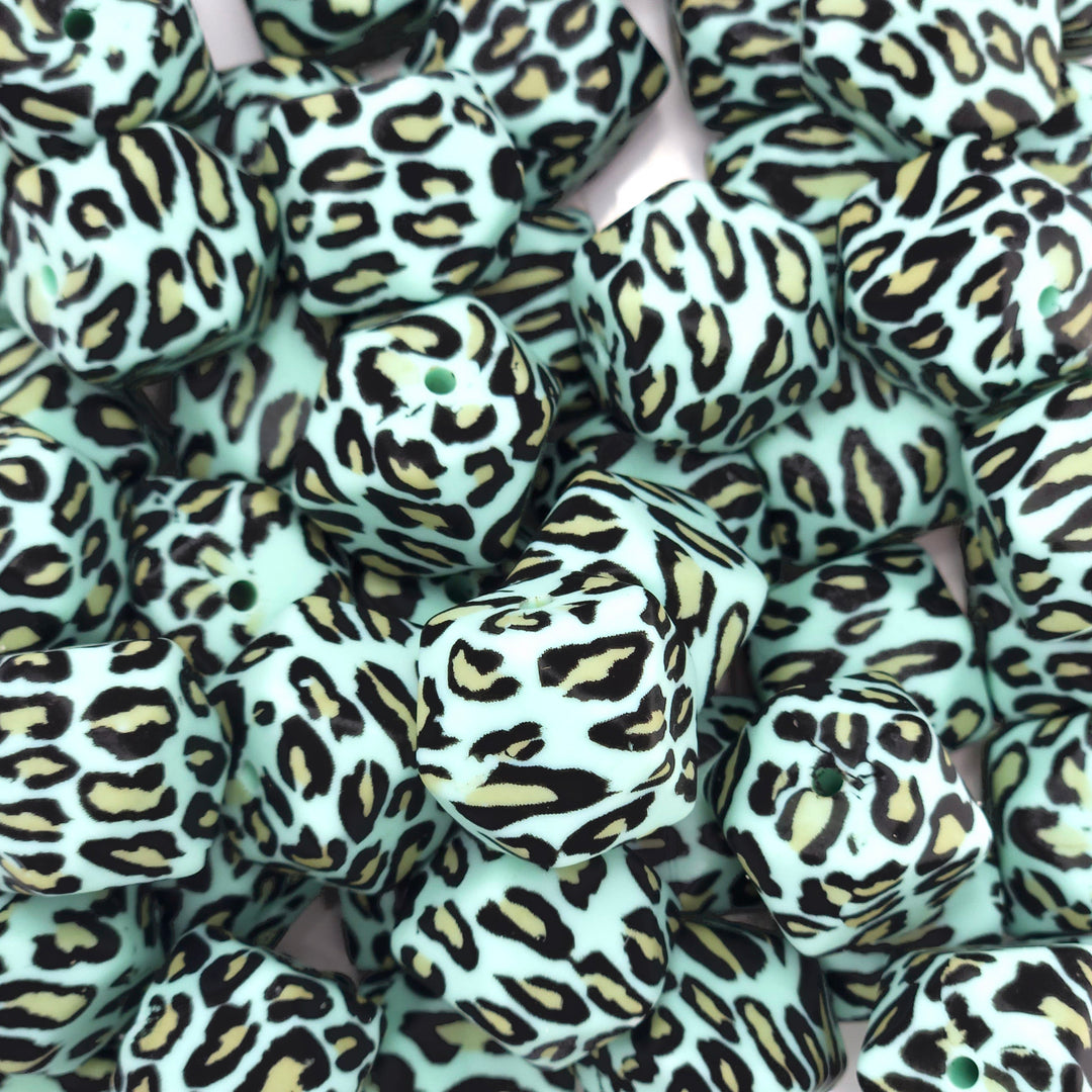 17mm Mint Leopard Print Silicone Hex Beads