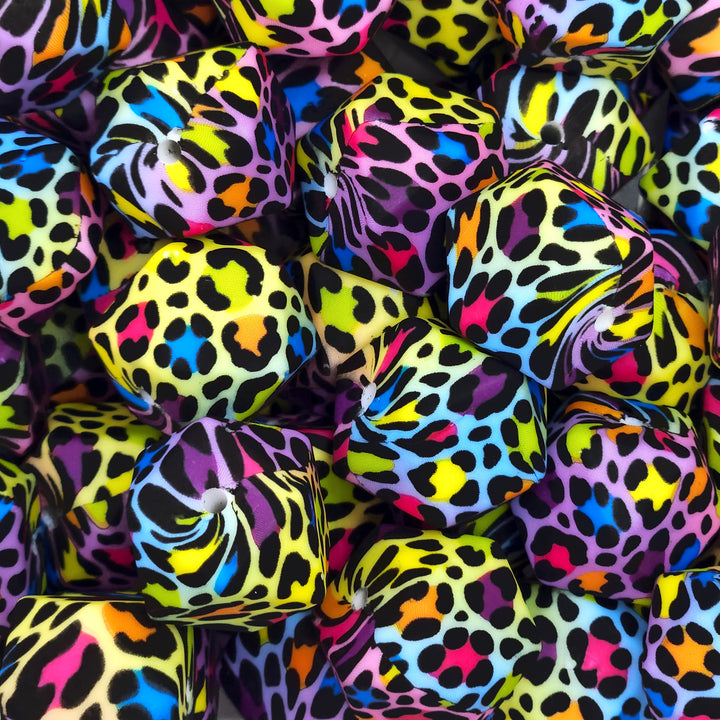 17mm Rainbow Gradient Leopard Print Silicone Hex Beads