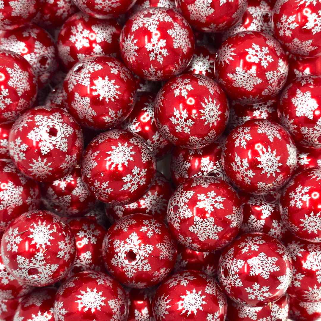 20mm Red Pearl Multi Snowflake Print Acrylic Beads