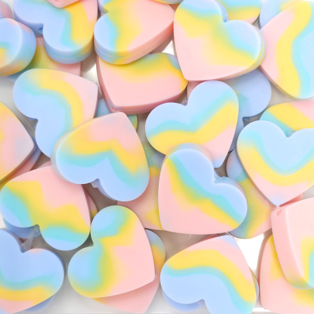 25mm Pastel Rainbow Marble Silicone Heart Focal Beads