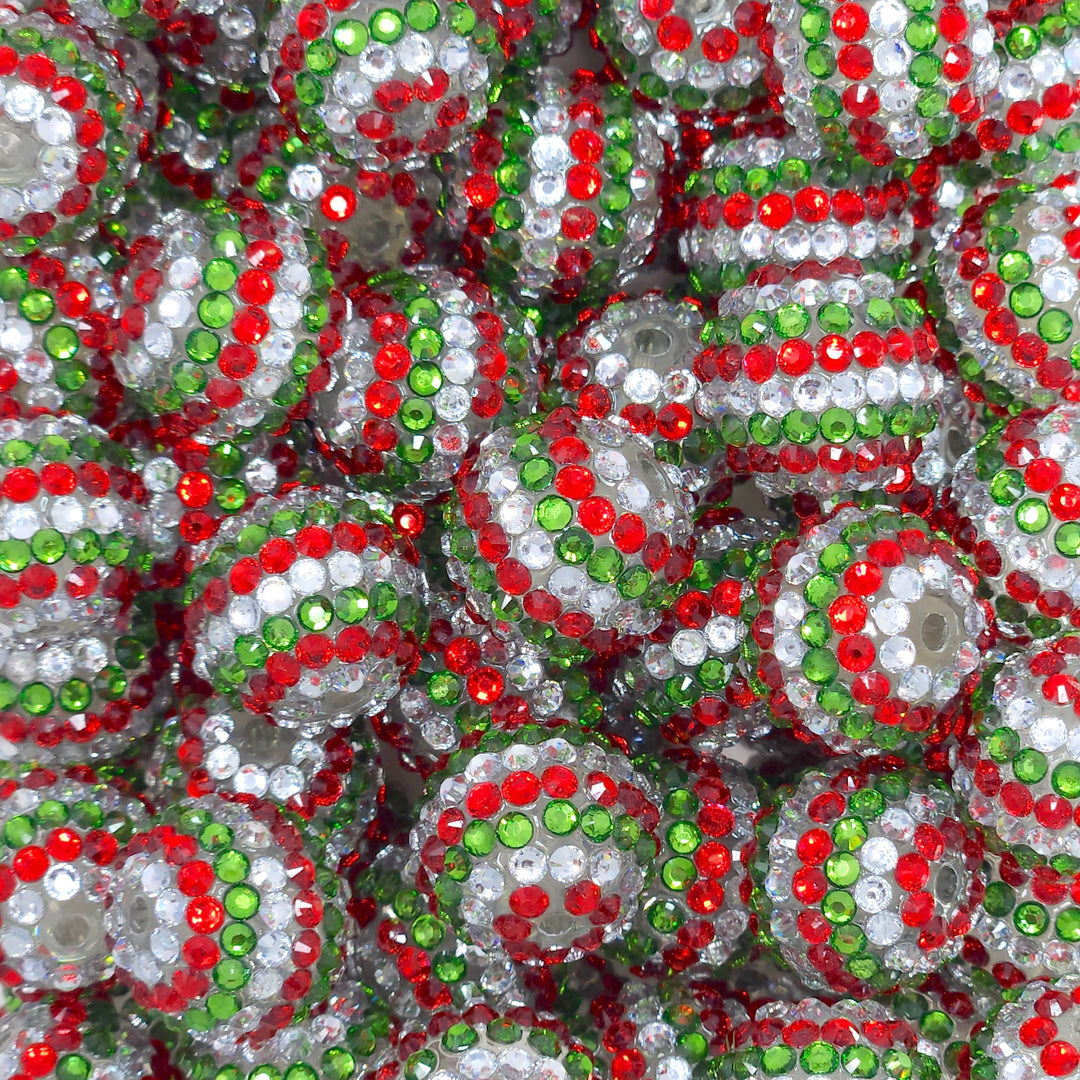 20mm Red/Crystal Silver/Green Stripe Rhinestone Beads