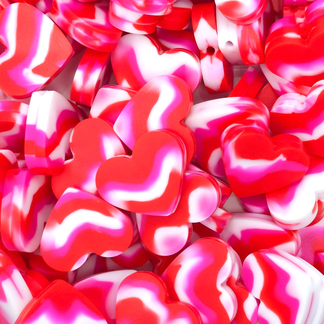 25mm Red/White/Magenta Marble Silicone Heart Focal Beads
