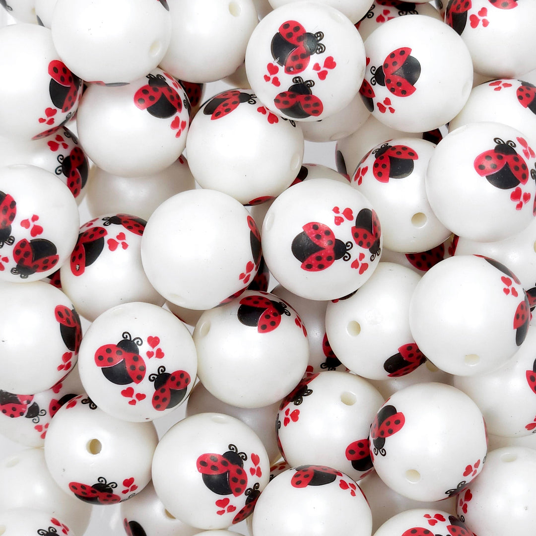 20mm Love Ladybugs Print Acrylic Pearl Beads