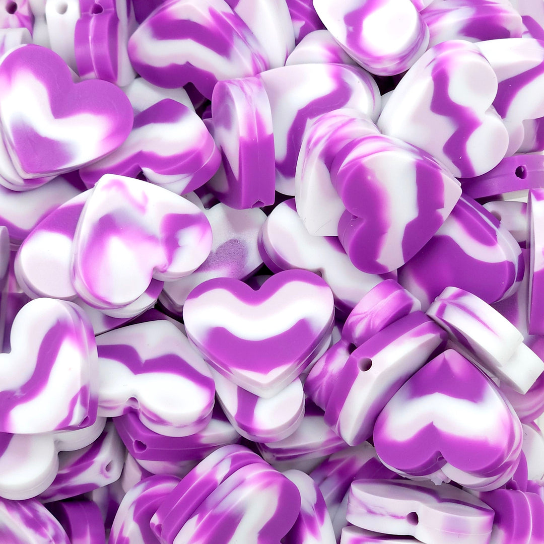 25mm Purple/White Marble Silicone Heart Focal Beads