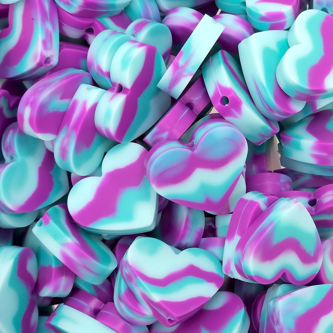 25mm Purple/Turquoise Marble Silicone Heart Focal Beads
