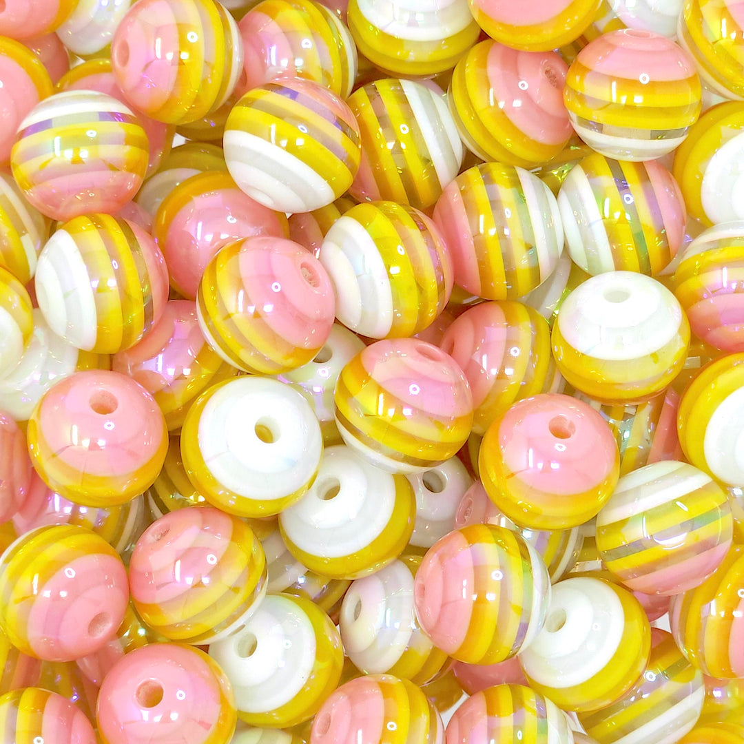 16mm Yellow/White/Pink Stripe Acrylic Beads