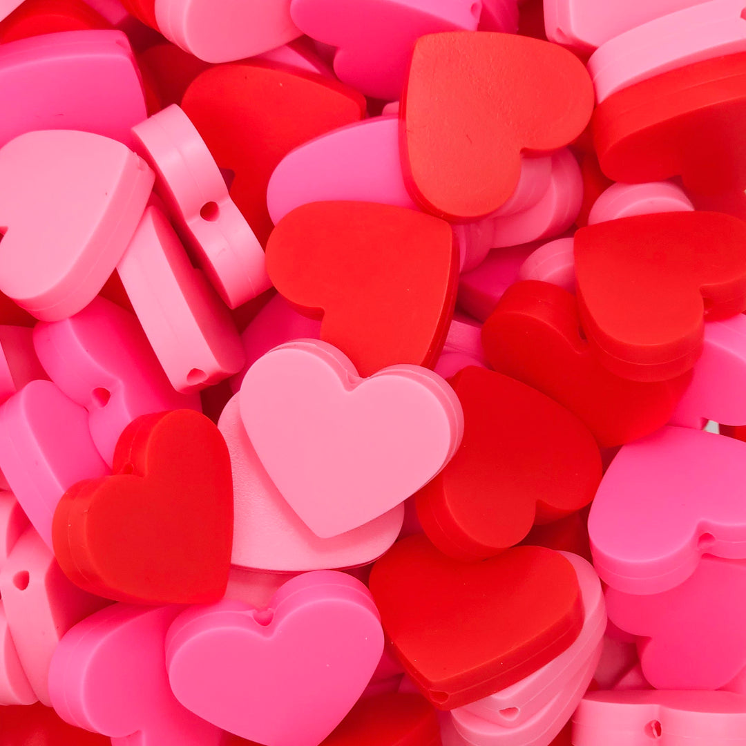 25mm Pinks & Red Silicone Heart Focal Beads Mix (10 beads)