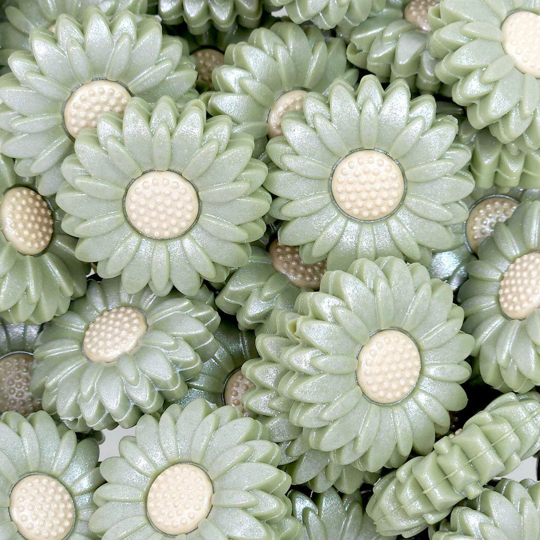 30mm Sage Green Shimmer Daisy Flower Silicone Focal Beads