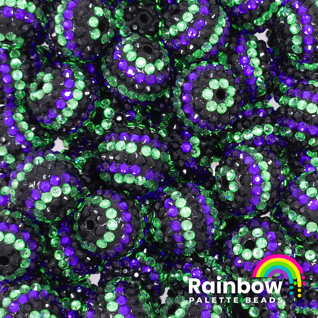 20mm Black/Purple/Green Stripe Rhinestone Beads (Halloween)