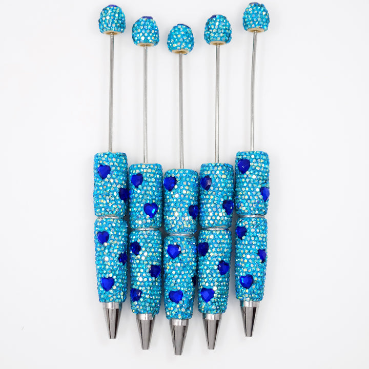 Cyan Blue Heart Sparkle Fully Covered Rhinestone Beadable Diamond Pen