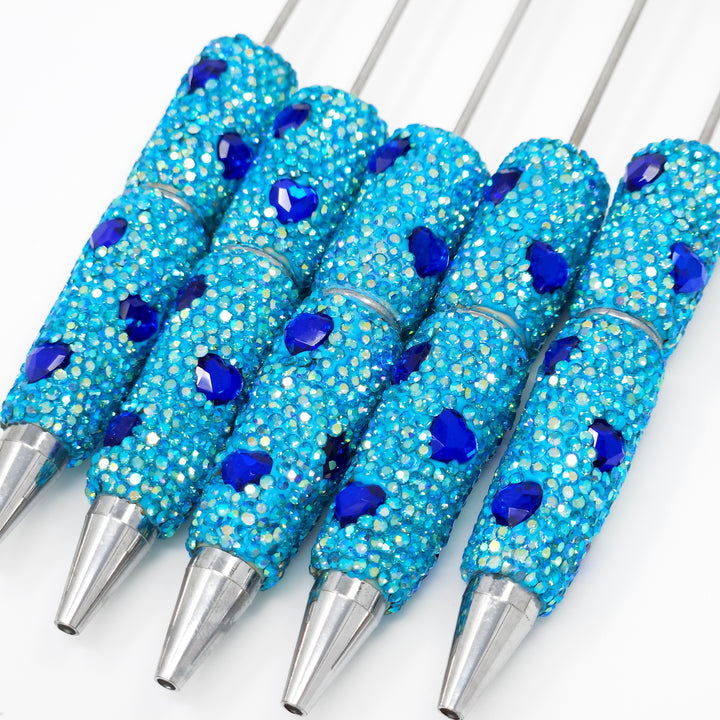 Cyan Blue Heart Sparkle Fully Covered Rhinestone Beadable Diamond Pen