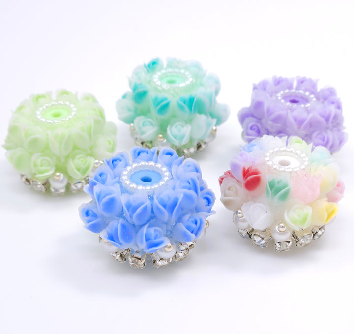 22mm Assorted Color Tulip Flower & Rhinestone Acrylic Rondelle Spacer Beads