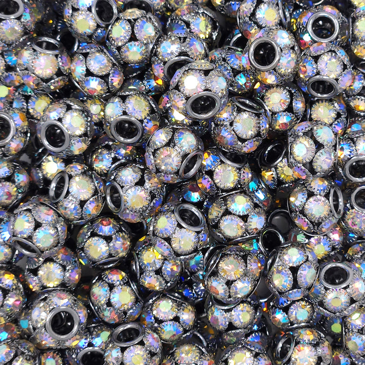 14mm Gunmetal Gray Iridescent Inlaid Rhinestone Metal Spacer Beads
