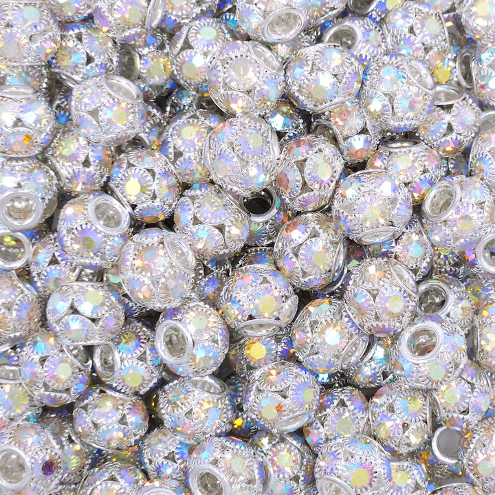 14mm Silver Iridescent Inlaid Rhinestone Metal Spacer Beads