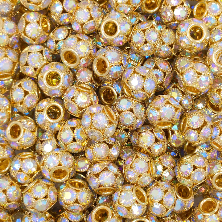 14mm Gold Iridescent Inlaid Rhinestone Metal Spacer Beads