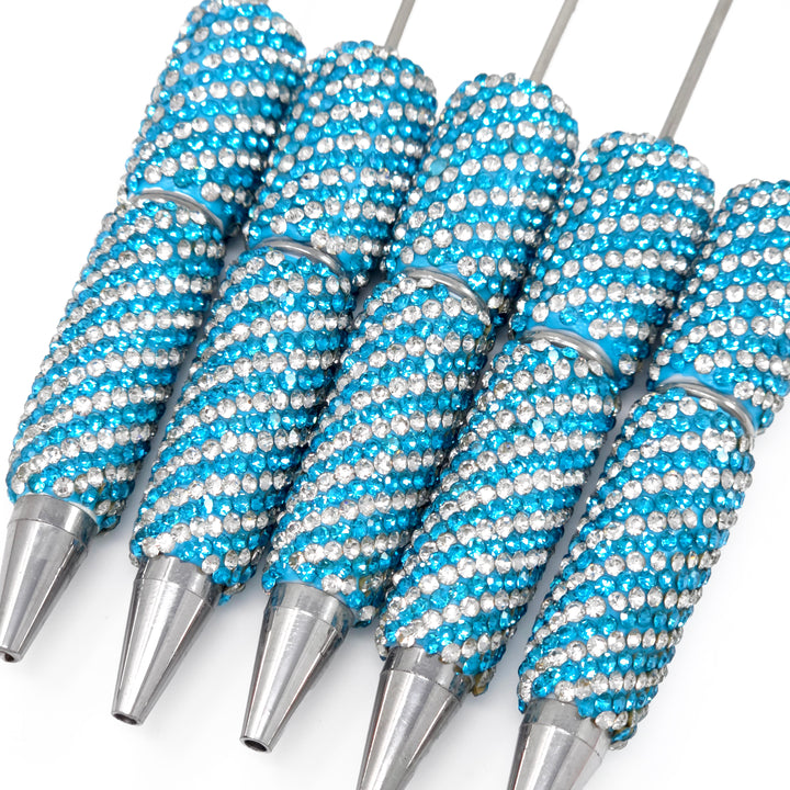 Cyan Blue Diagonal Stripe Full Rhinestone Beadable Diamond Pen