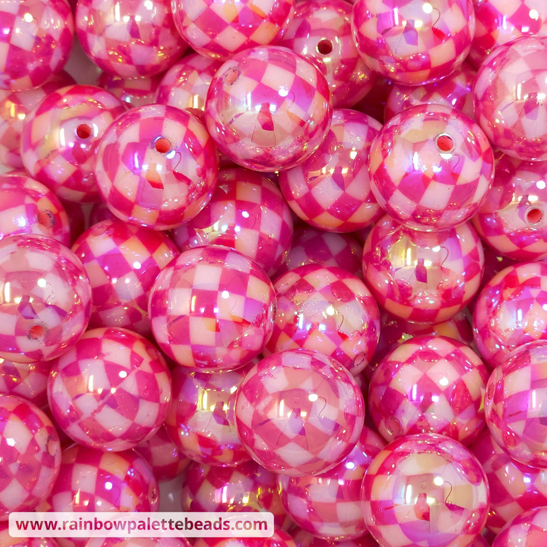 20mm AB Pink Checkered Acrylic Print Beads Beads