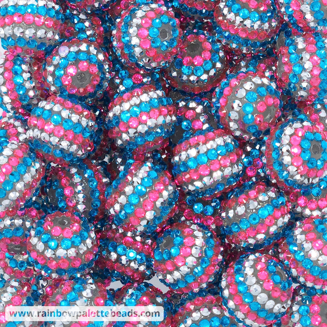 20mm Hot Pink/Cyan/Silver Stripe Rhinestone Beads Beads