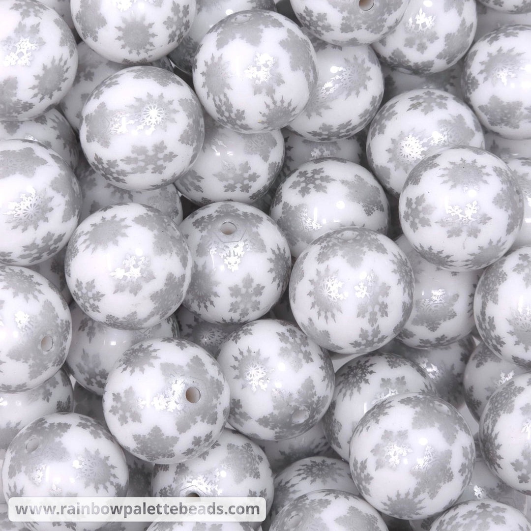 20mm Metallic Silver Multi Snowflake Print Acrylic Beads - Beads