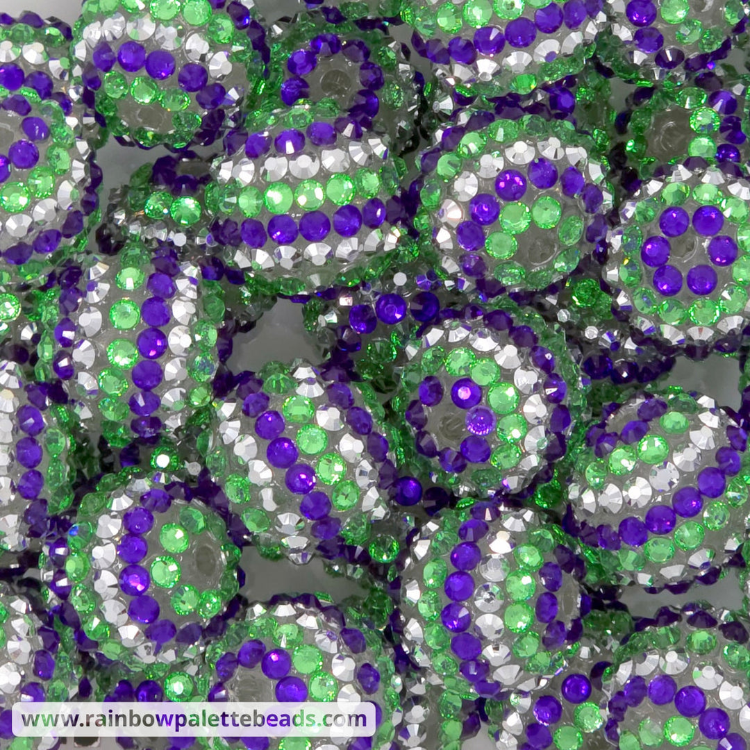 20mm Purple/Green/Silver Stud Stripe Rhinestone Beads - Beads