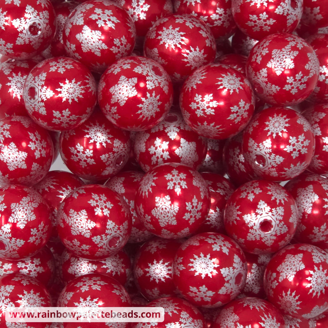 20mm Red Pearl Multi Snowflake Print Acrylic Beads - Beads