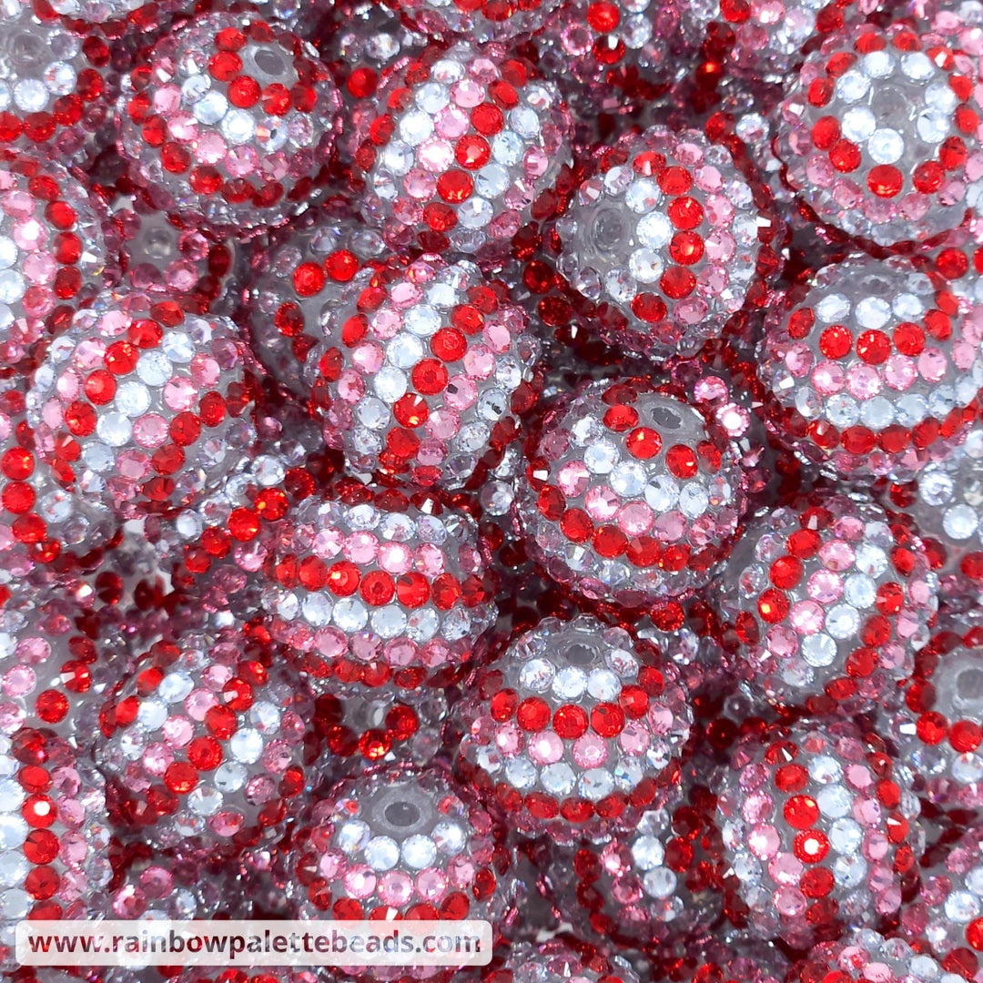 20mm Red/Silver Crystal/Pink Stripe (Clear Base) Rhinestone Beads Beads