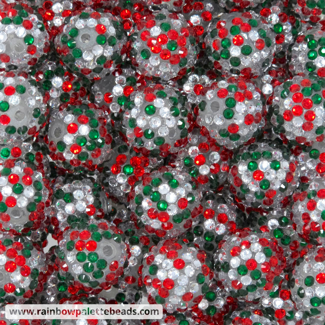 20mm Red Silver & Dark Forest Green Christmas Confetti Rhinestone Beads - Beads