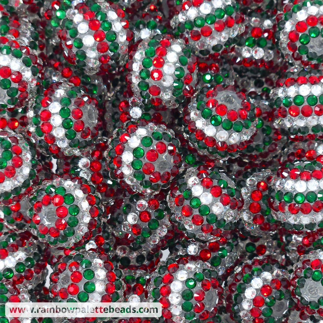 20mm Red/Silver/Dark Green Stripe Rhinestone Beads Beads