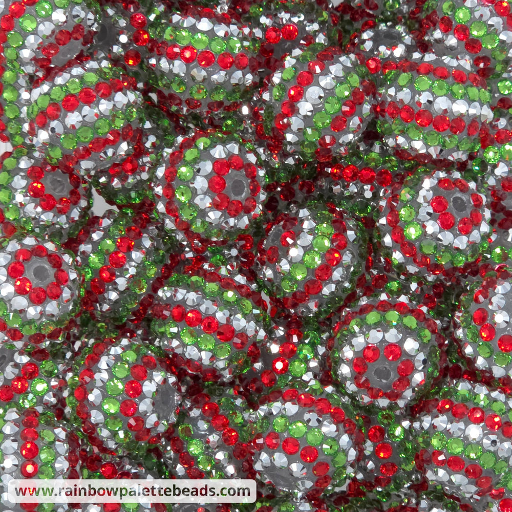 20mm Red/Silver/Green Stripe Rhinestone Beads - Avocado Green - Beads