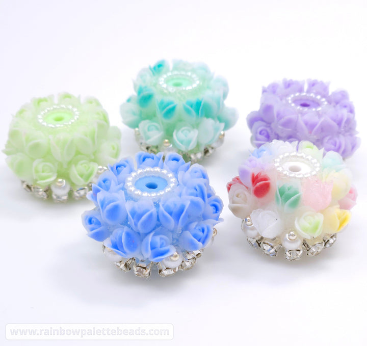 22mm Assorted Color Tulip Flower & Rhinestone Acrylic Rondelle Spacer Beads - Beads