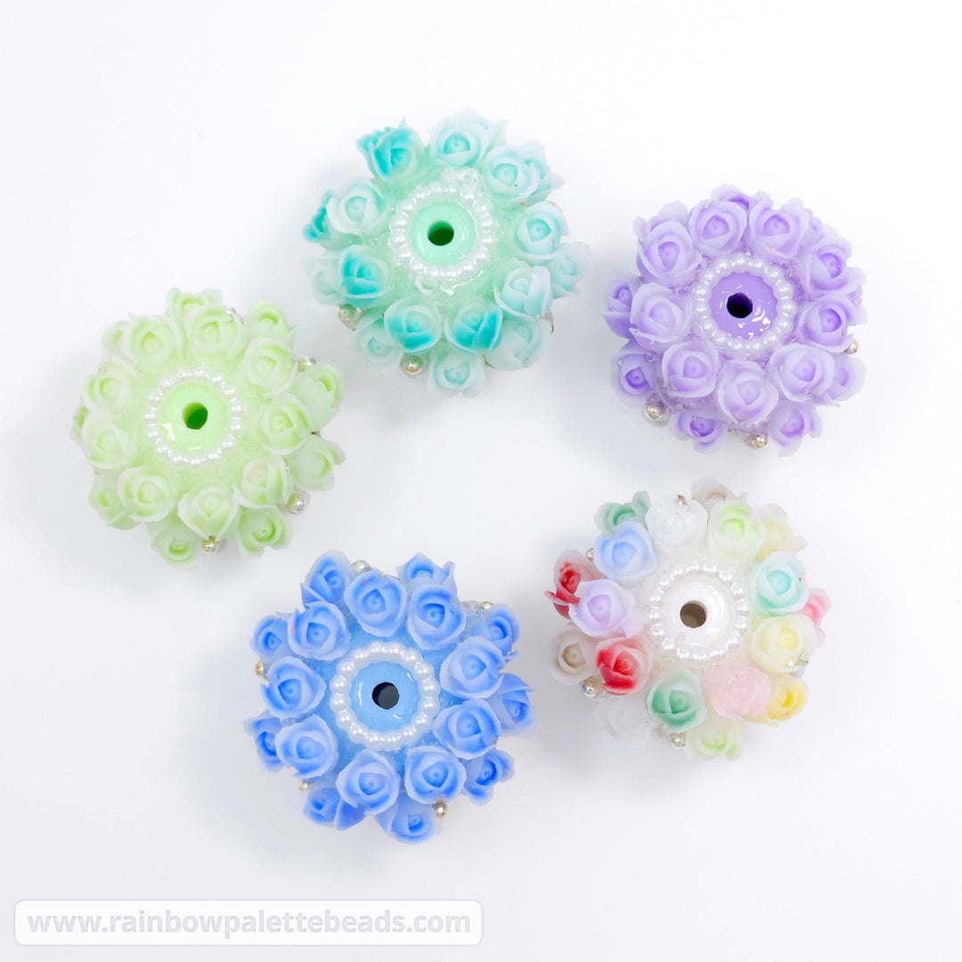22mm Assorted Color Tulip Flower & Rhinestone Acrylic Rondelle Spacer Beads - Beads