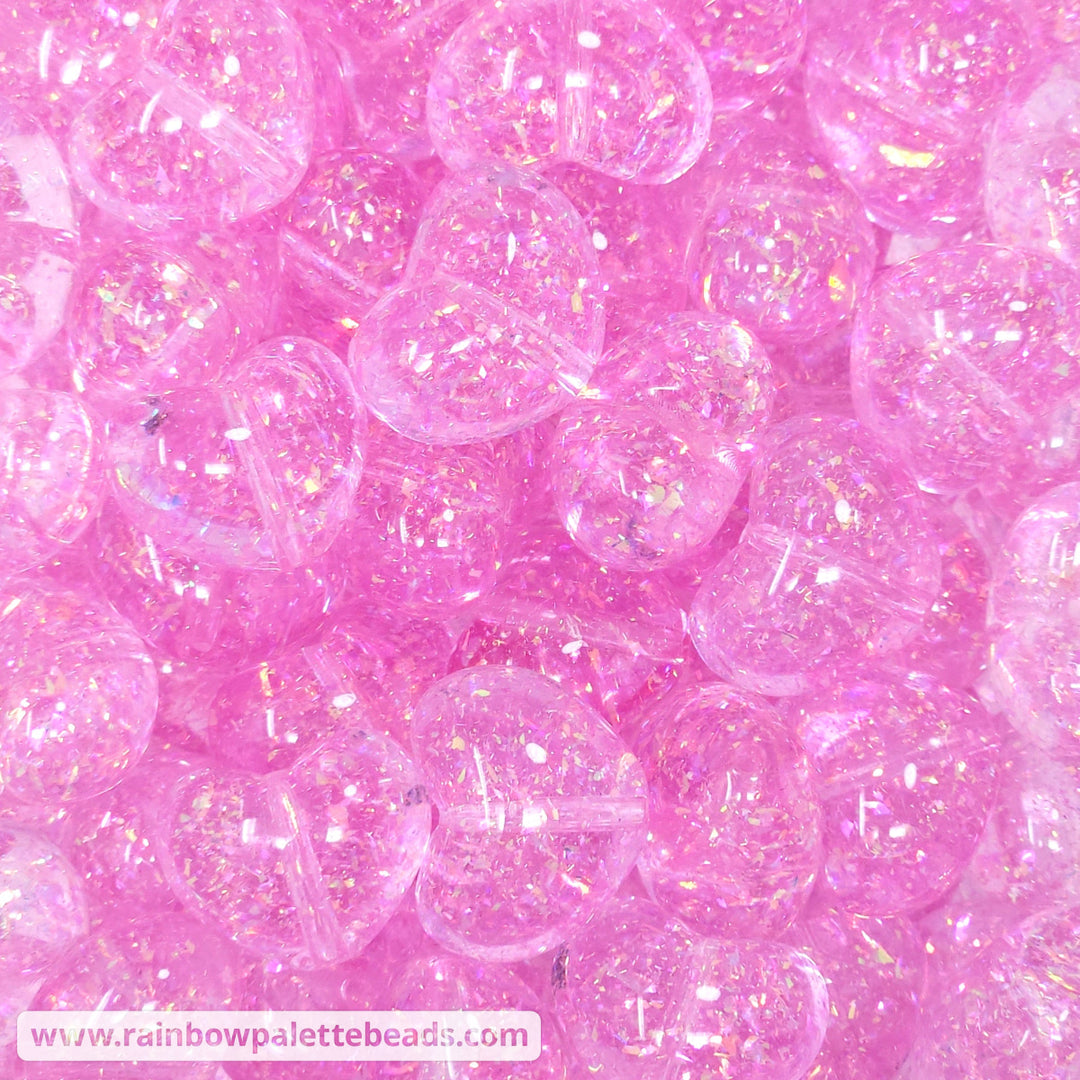 22mm Holographic Glitter Flake Acrylic Heart Beads Pink Beads