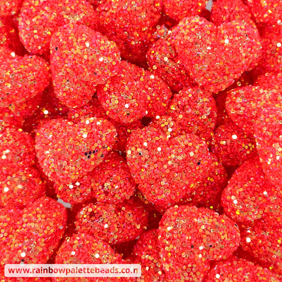 25mm Chunky Coral Red Glitter Acrylic Heart Beads Beads