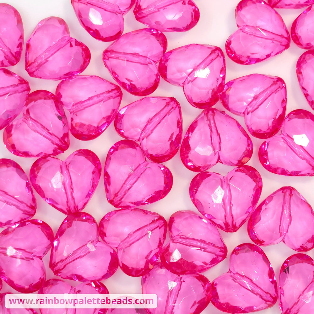 29mm Faceted Acrylic Jewel Heart Beads Hot Pink Beads