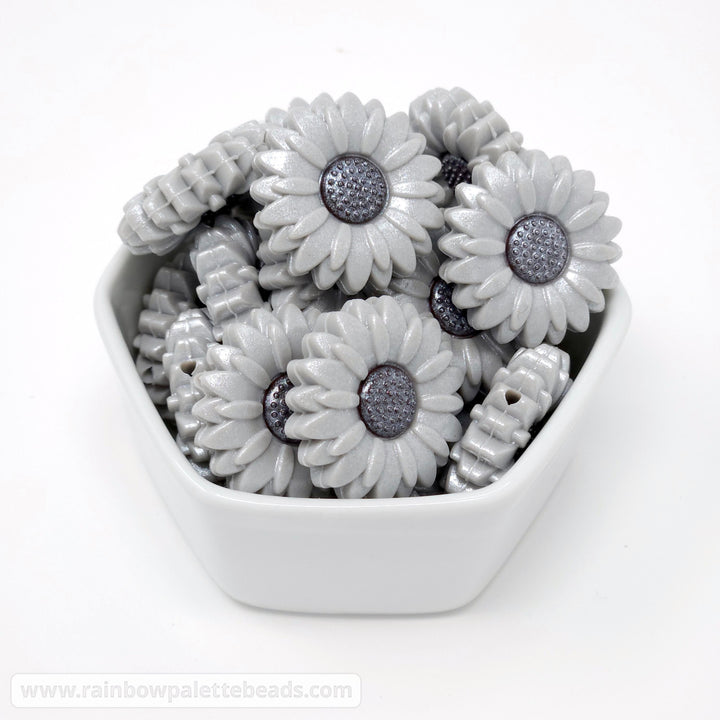 30mm Silver Shimmer Daisy Flower Silicone Focal Beads Beads