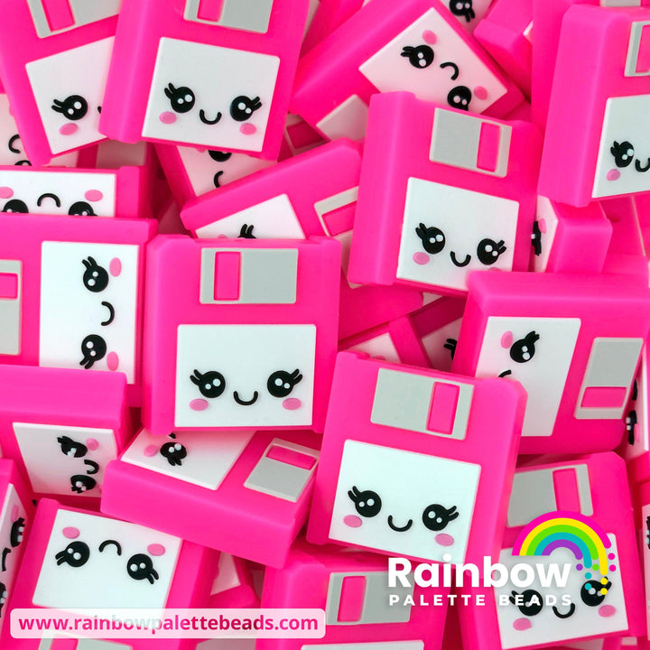 3D Cute Floppy Disk (Save Icon) Exclusive Silicone Focal Beads Neon Pink Beads