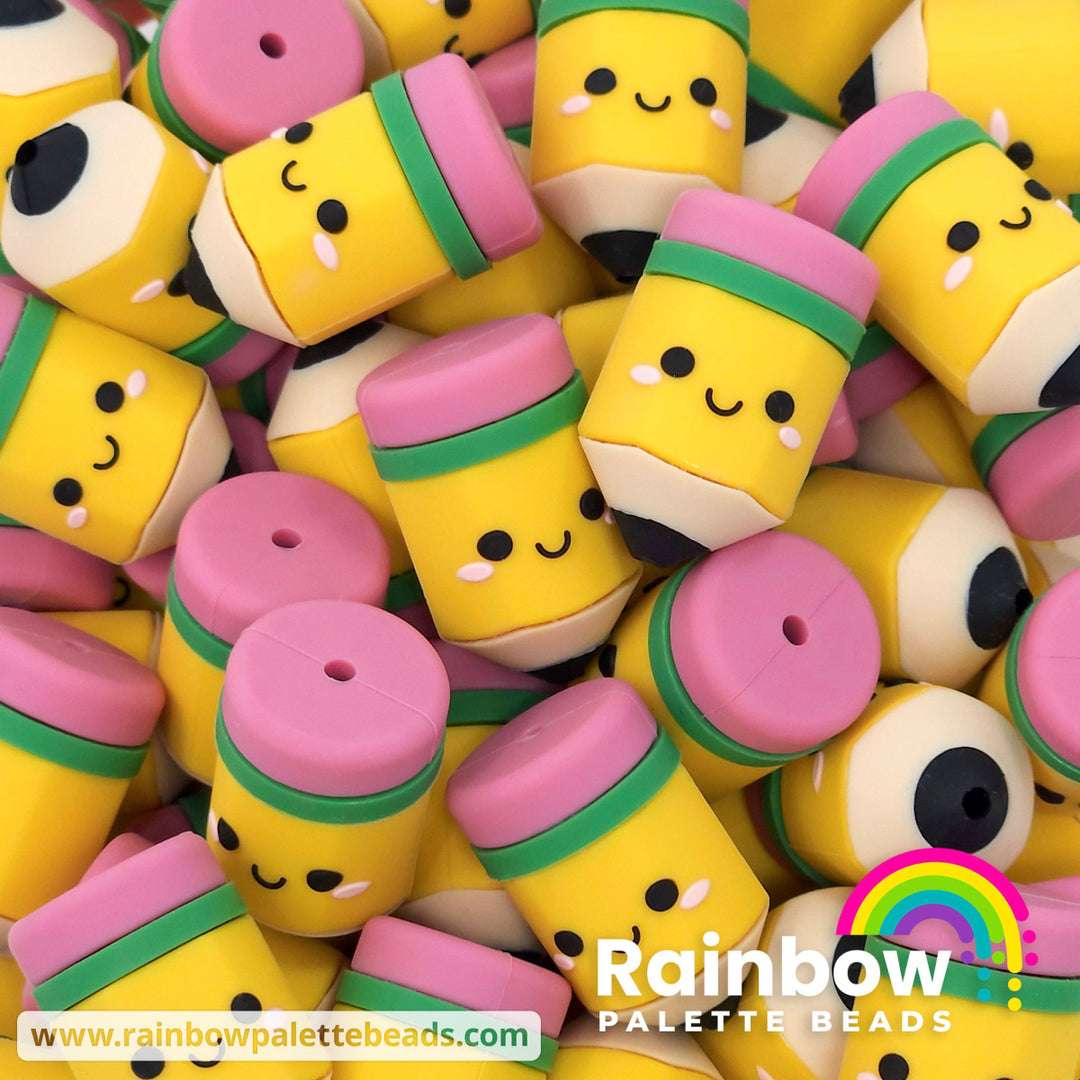 3D Cute Pencil Exclusive Silicone Focal Bead Yellow with Green Ring Beads