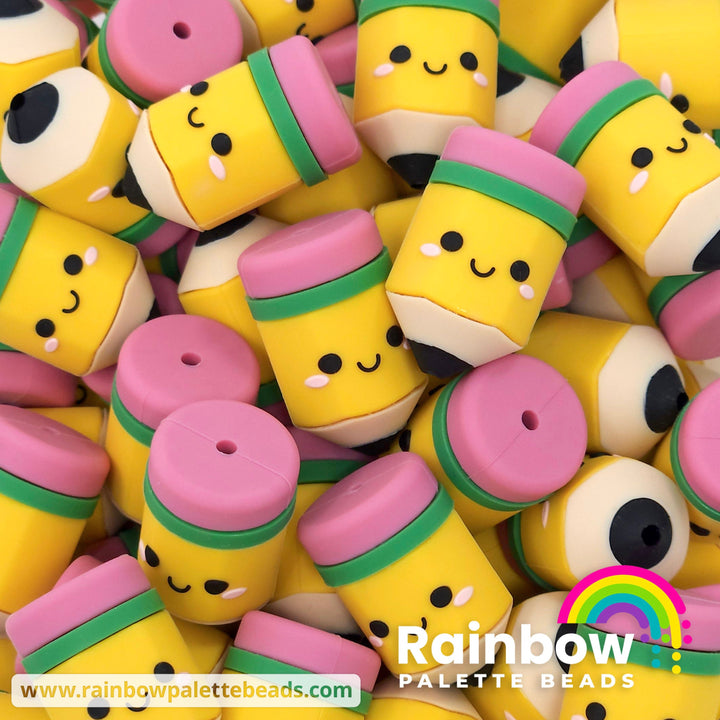 3D Cute Pencil Exclusive Silicone Focal Bead Yellow with Green Ring Beads