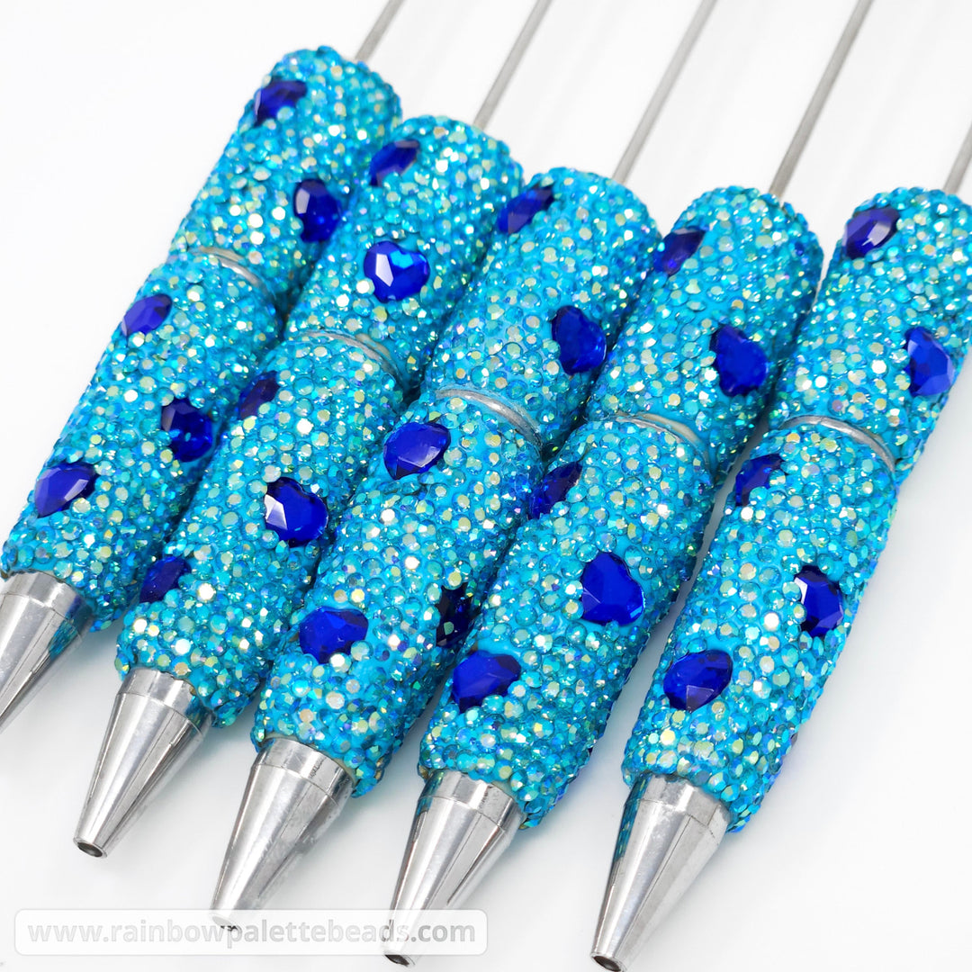 AB Cyan Sparkle Blue Heart Jeweled Full Rhinestone Beadable Diamond Pen