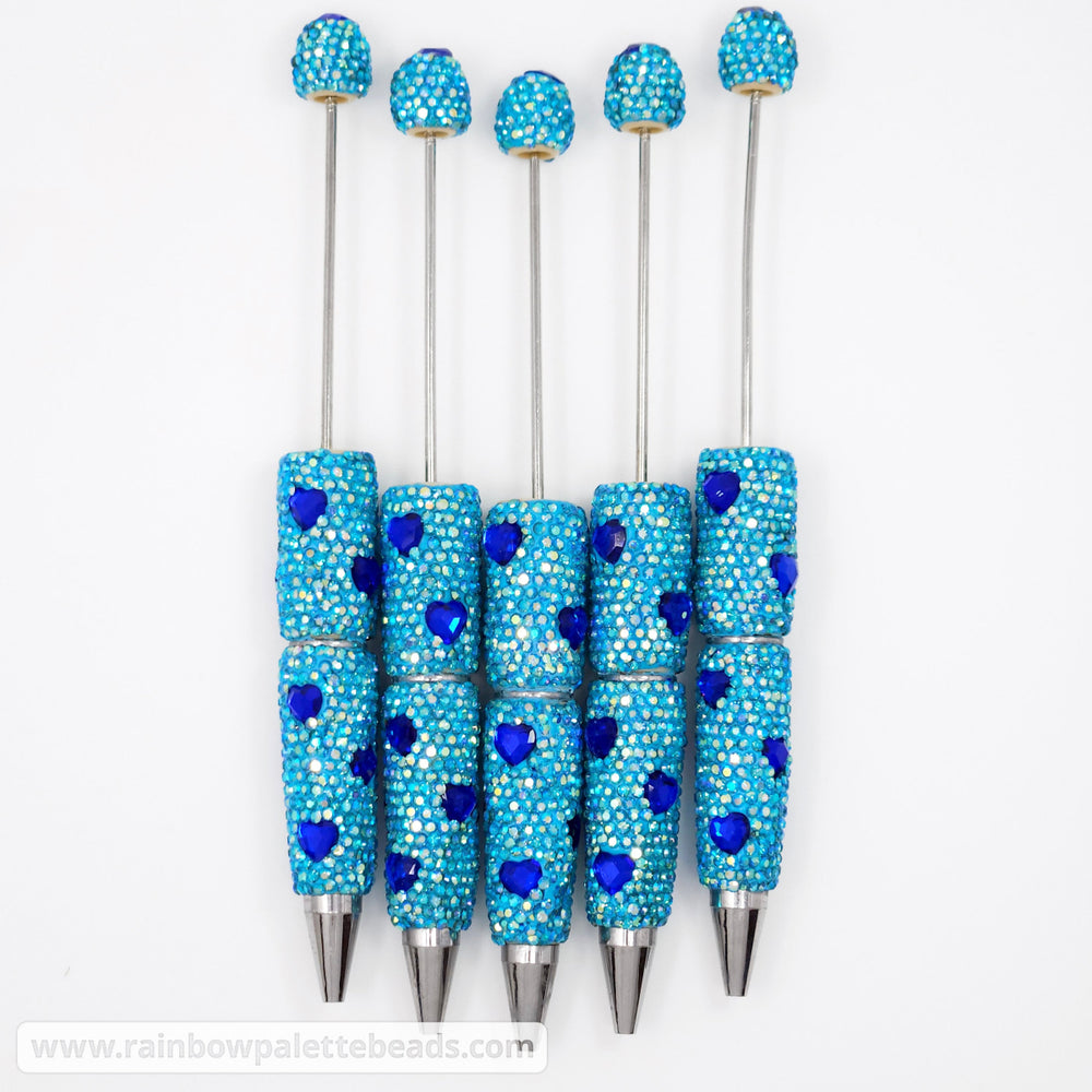 AB Cyan Sparkle Blue Heart Jeweled Full Rhinestone Beadable Diamond Pen