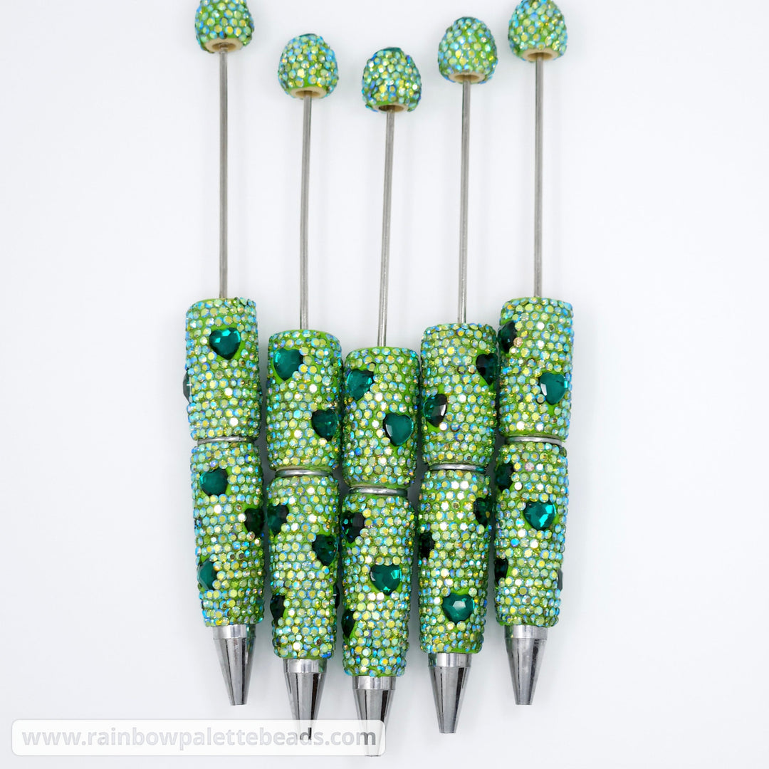 AB Green Sparkle Heart Jeweled Full Rhinestone Beadable Diamond Pen