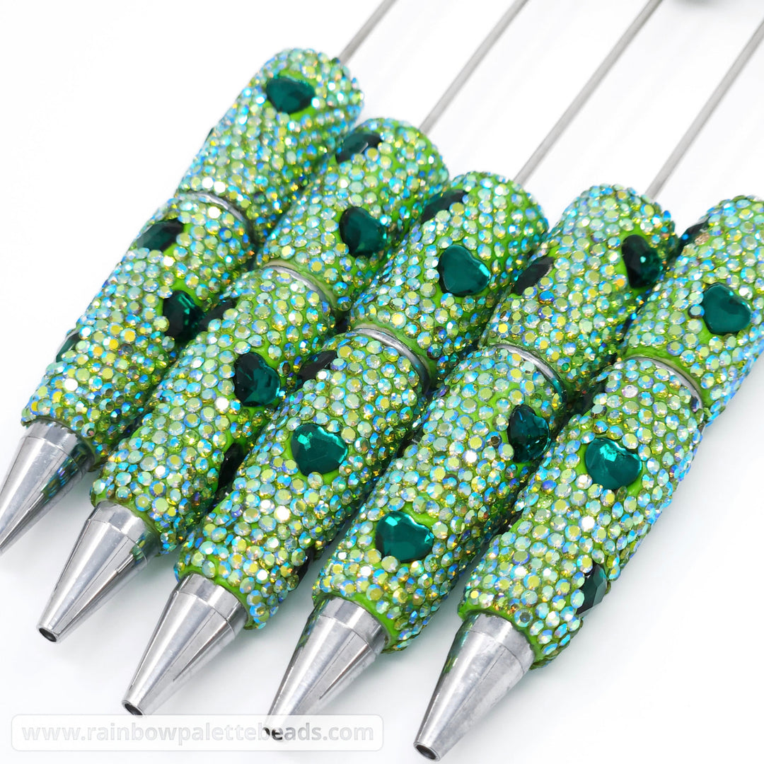AB Green Sparkle Heart Jeweled Full Rhinestone Beadable Diamond Pen