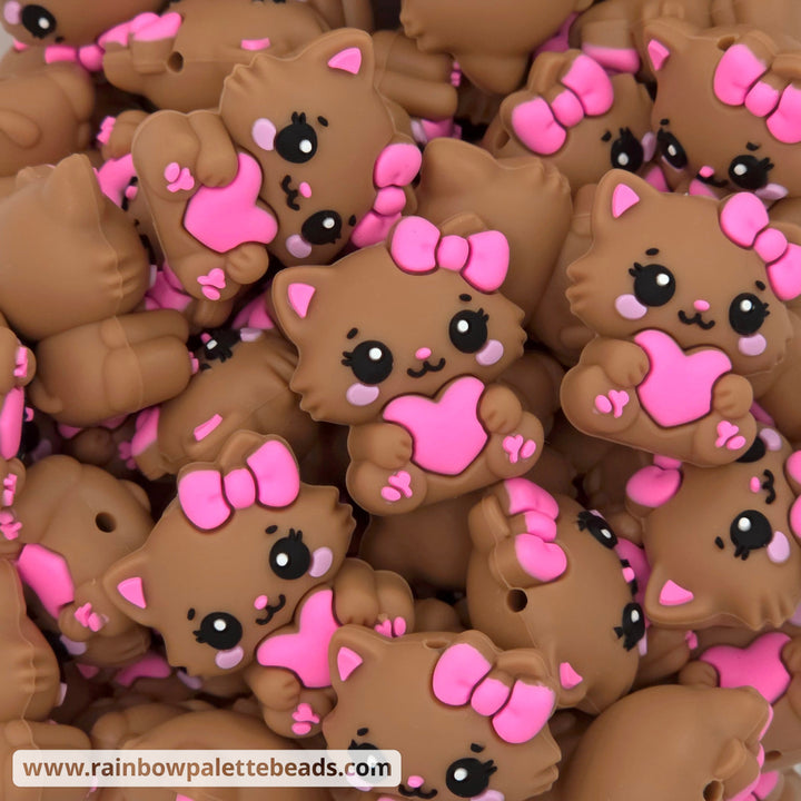 Cute Cat with Heart Focal Beads - Brown - Beads