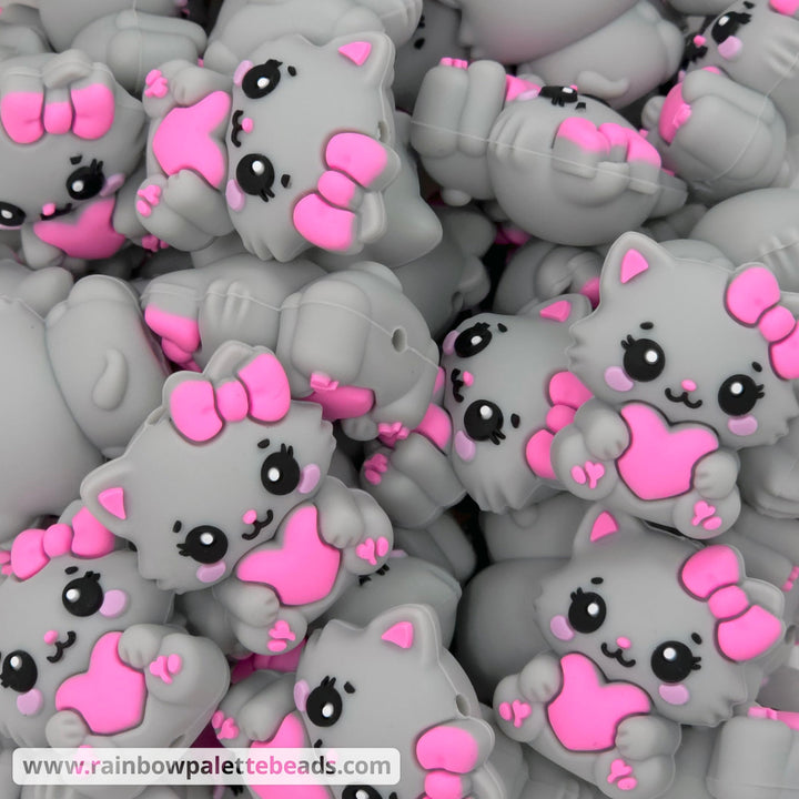 Cute Cat with Heart Focal Beads - Gray - Beads