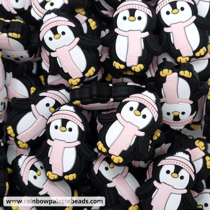 Cute Penguin Silicone Focal Beads Pink Beads