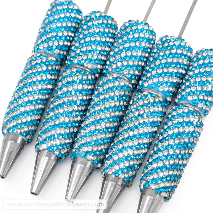 Cyan Blue Diagonal Stripe Full Rhinestone Beadable Diamond Pen