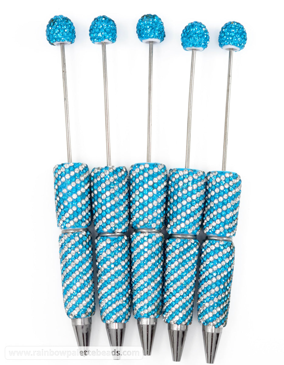 Cyan Blue Diagonal Stripe Full Rhinestone Beadable Diamond Pen